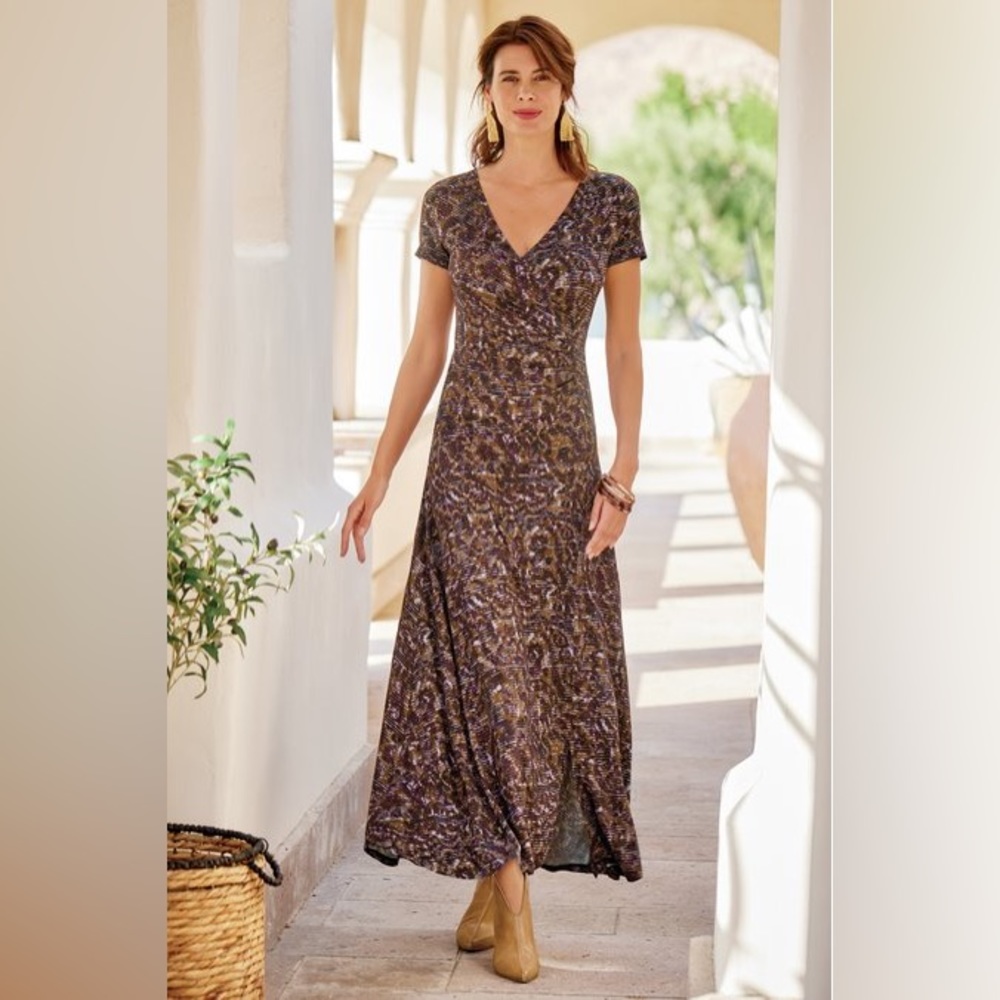 Soft Surroundings Caity Ruched Faux Wrap Maxi Dress